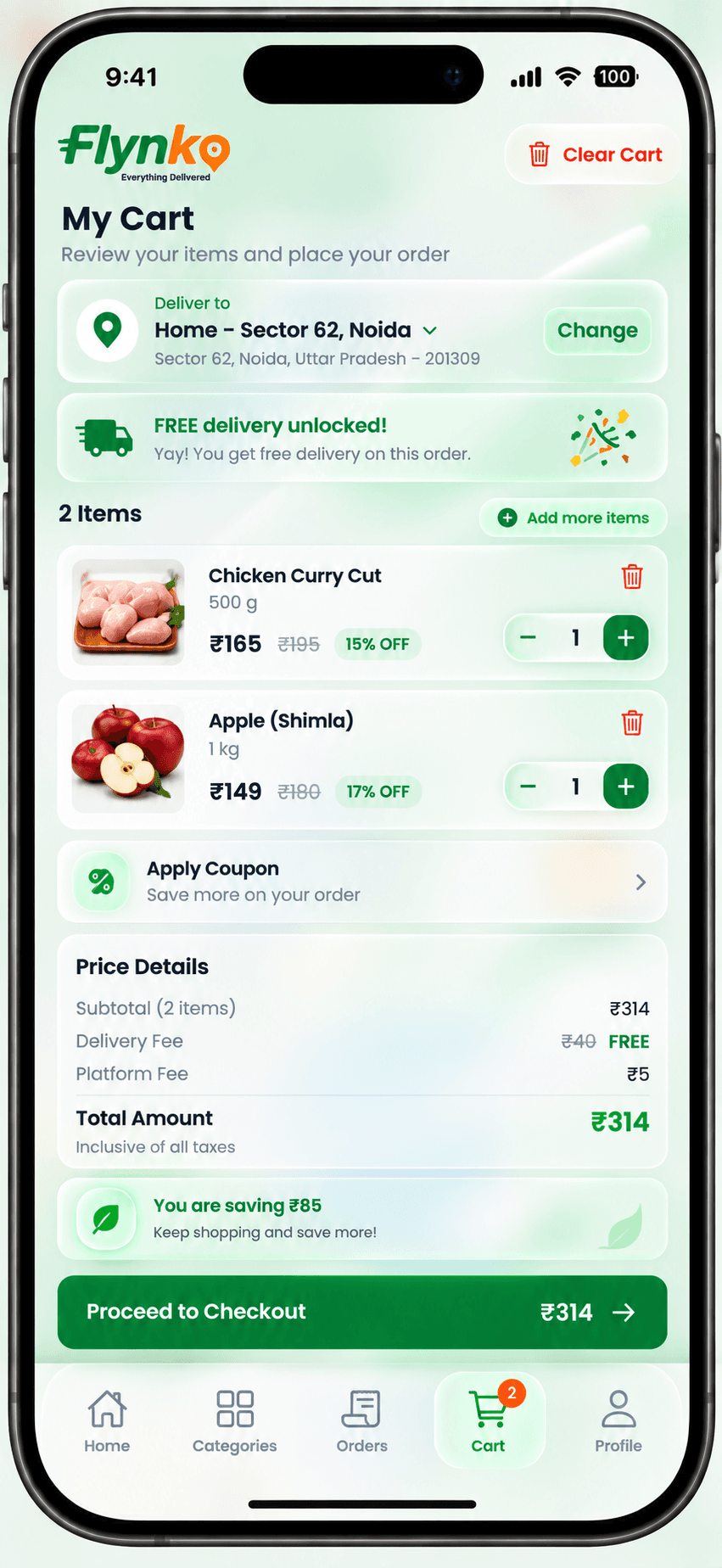Flynko app — Cart screen