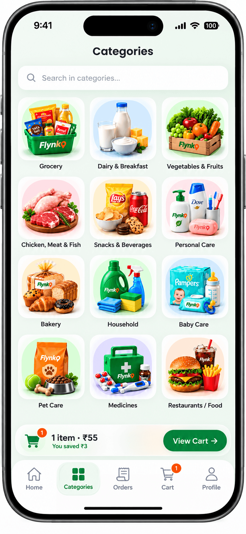 Flynko app — Categories screen