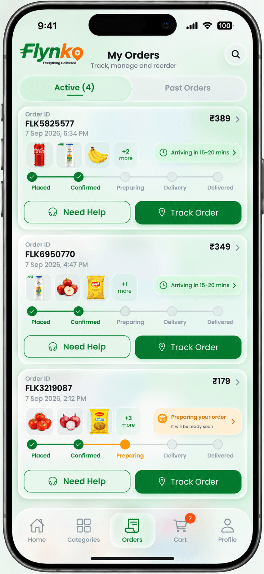Flynko app — Orders screen