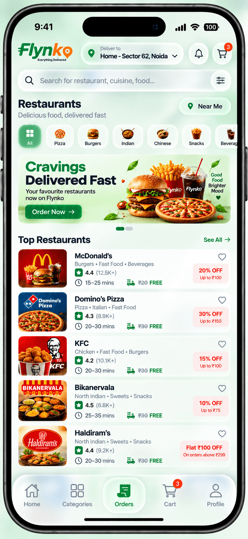 Flynko app — Restaurants screen
